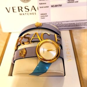 With box and auth card VERSACE V-Flare 28mm lilac and blue leather wrap watch